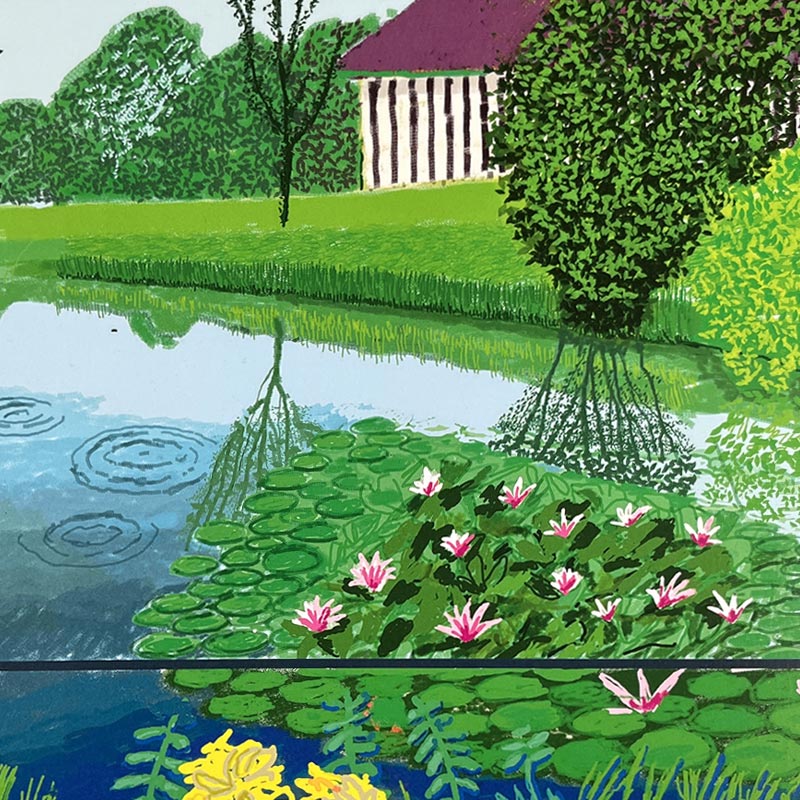 Water Lilies in the Pond with Pots of Flowers poster by David Hockney - dark blue background - Image 3