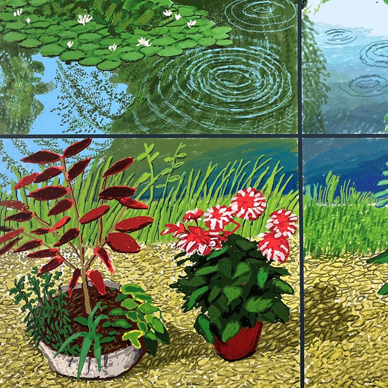Water Lilies in the Pond with Pots of Flowers poster by David Hockney - dark blue background - Image 4