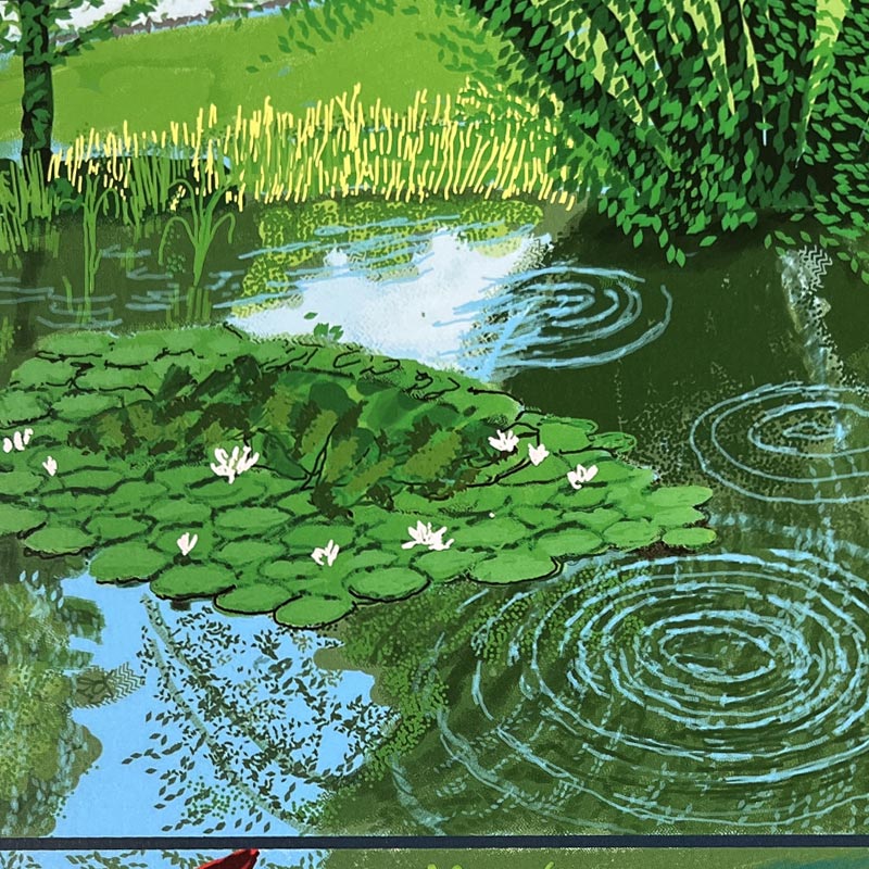 Water Lilies in the Pond with Pots of Flowers poster by David Hockney - dark blue background - Image 5